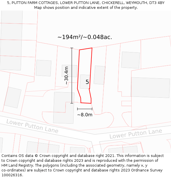 5, PUTTON FARM COTTAGES, LOWER PUTTON LANE, CHICKERELL, WEYMOUTH, DT3 4BY: Plot and title map