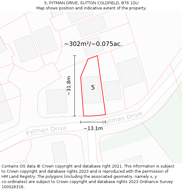 5, PYTMAN DRIVE, SUTTON COLDFIELD, B76 1GU: Plot and title map