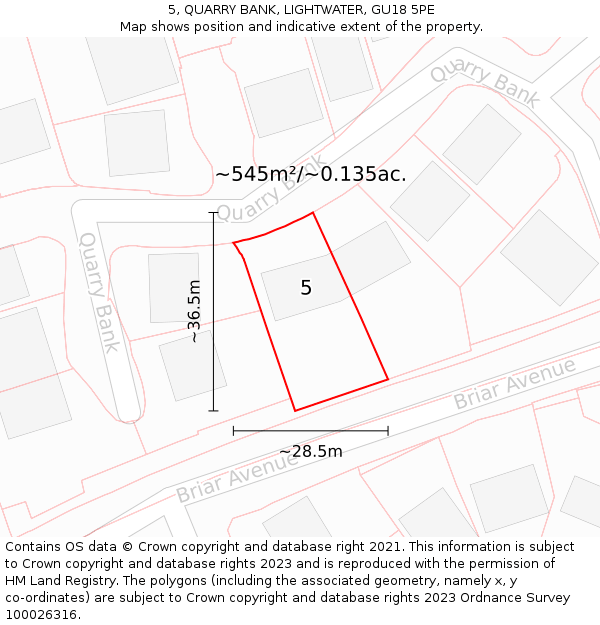 5, QUARRY BANK, LIGHTWATER, GU18 5PE: Plot and title map