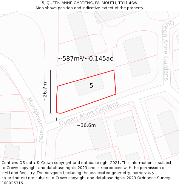 5, QUEEN ANNE GARDENS, FALMOUTH, TR11 4SW: Plot and title map