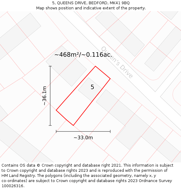 5, QUEENS DRIVE, BEDFORD, MK41 9BQ: Plot and title map