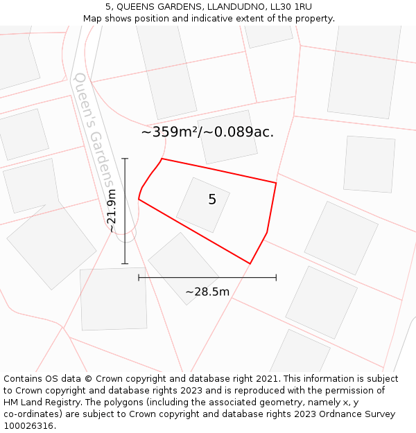 5, QUEENS GARDENS, LLANDUDNO, LL30 1RU: Plot and title map