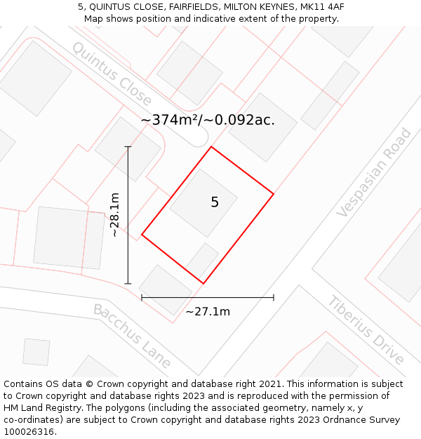 5, QUINTUS CLOSE, FAIRFIELDS, MILTON KEYNES, MK11 4AF: Plot and title map