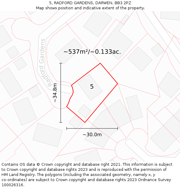 5, RADFORD GARDENS, DARWEN, BB3 2PZ: Plot and title map