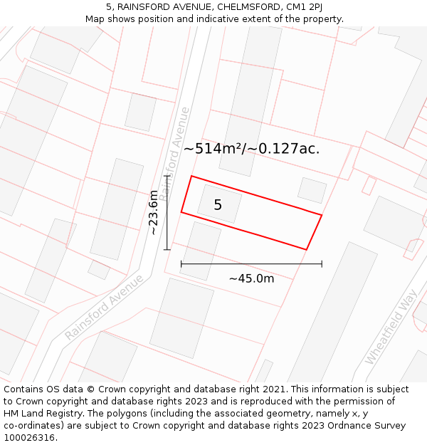 5, RAINSFORD AVENUE, CHELMSFORD, CM1 2PJ: Plot and title map