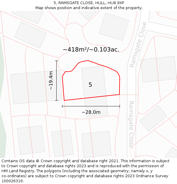 5, RAMSGATE CLOSE, HULL, HU8 9XP: Plot and title map