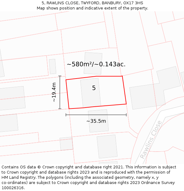 5, RAWLINS CLOSE, TWYFORD, BANBURY, OX17 3HS: Plot and title map