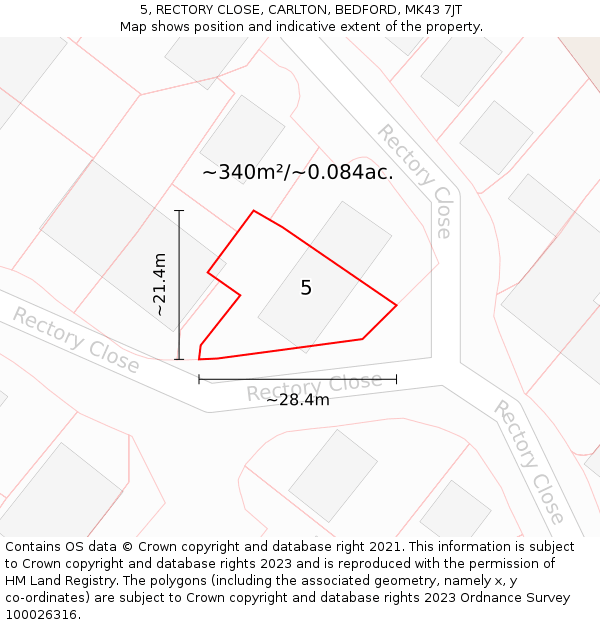 5, RECTORY CLOSE, CARLTON, BEDFORD, MK43 7JT: Plot and title map