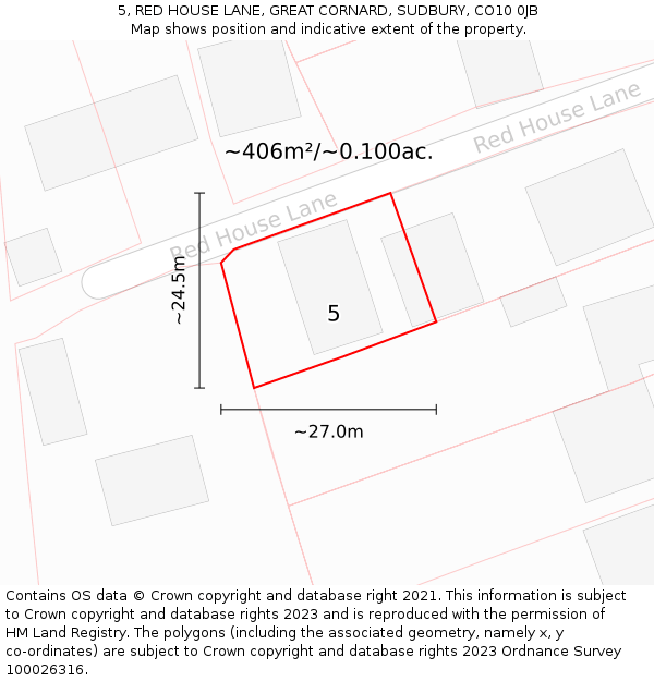 5, RED HOUSE LANE, GREAT CORNARD, SUDBURY, CO10 0JB: Plot and title map