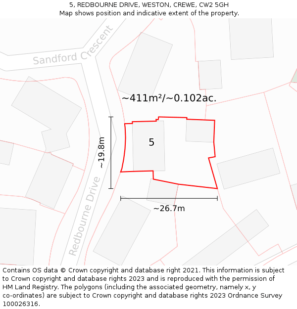 5, REDBOURNE DRIVE, WESTON, CREWE, CW2 5GH: Plot and title map