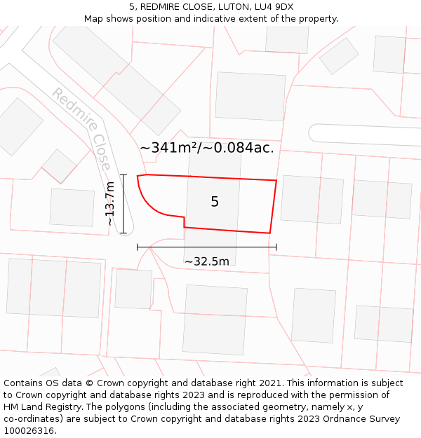 5, REDMIRE CLOSE, LUTON, LU4 9DX: Plot and title map