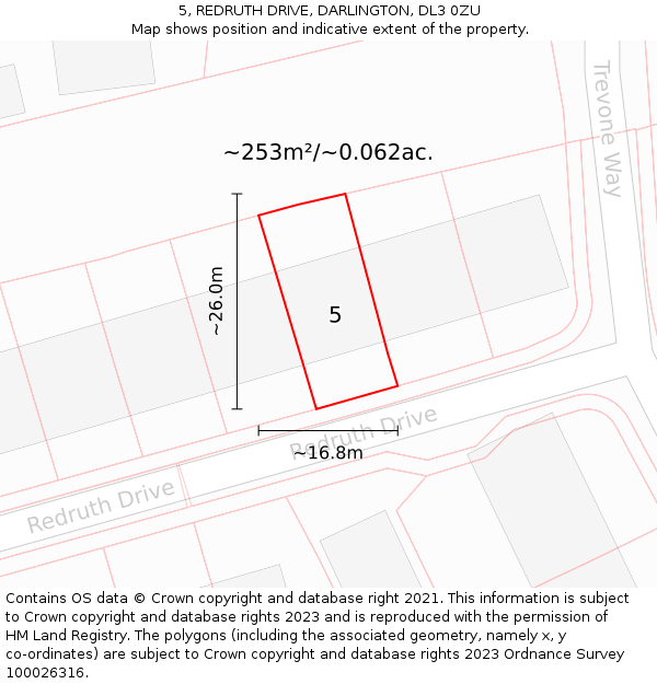 5, REDRUTH DRIVE, DARLINGTON, DL3 0ZU: Plot and title map