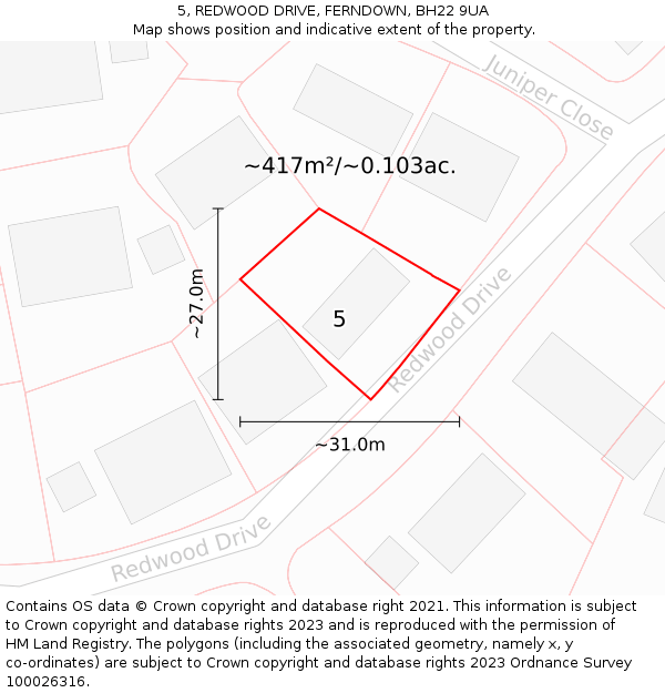 5, REDWOOD DRIVE, FERNDOWN, BH22 9UA: Plot and title map