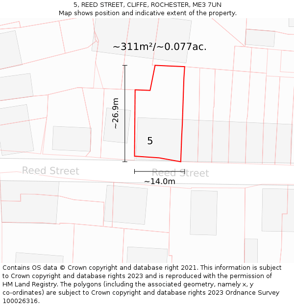 5, REED STREET, CLIFFE, ROCHESTER, ME3 7UN: Plot and title map