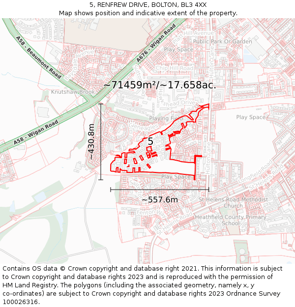 5, RENFREW DRIVE, BOLTON, BL3 4XX: Plot and title map