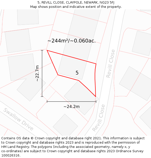 5, REVILL CLOSE, CLAYPOLE, NEWARK, NG23 5FJ: Plot and title map