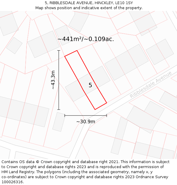 5, RIBBLESDALE AVENUE, HINCKLEY, LE10 1SY: Plot and title map