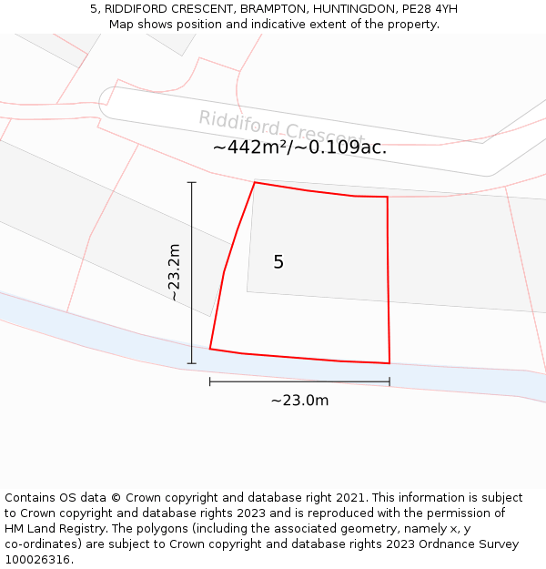 5, RIDDIFORD CRESCENT, BRAMPTON, HUNTINGDON, PE28 4YH: Plot and title map