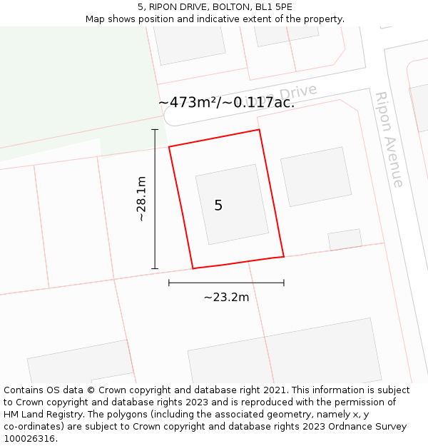 5, RIPON DRIVE, BOLTON, BL1 5PE: Plot and title map