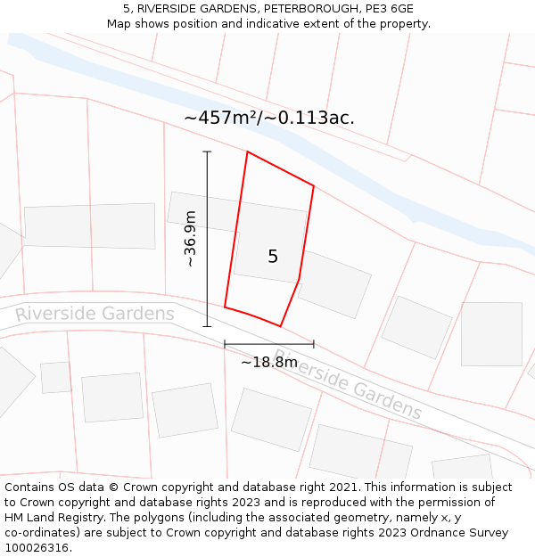 5, RIVERSIDE GARDENS, PETERBOROUGH, PE3 6GE: Plot and title map