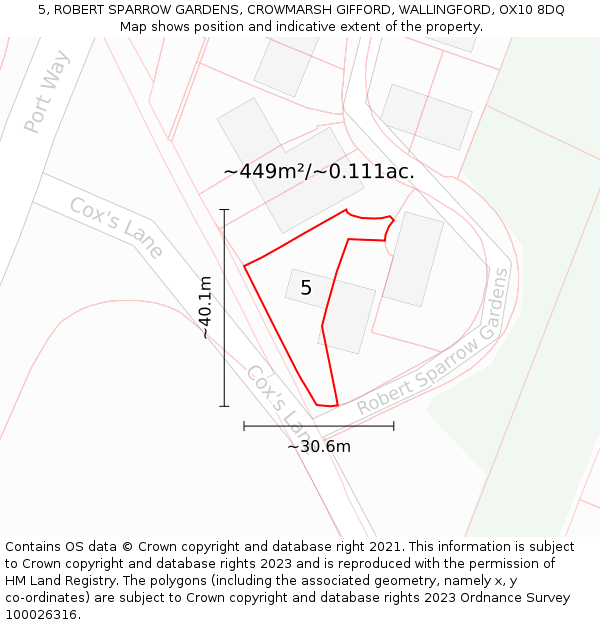 5, ROBERT SPARROW GARDENS, CROWMARSH GIFFORD, WALLINGFORD, OX10 8DQ: Plot and title map