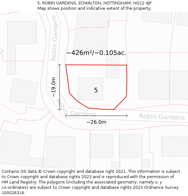 5, ROBIN GARDENS, EDWALTON, NOTTINGHAM, NG12 4JP: Plot and title map