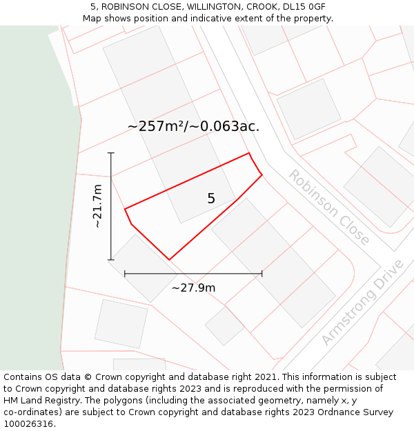 5, ROBINSON CLOSE, WILLINGTON, CROOK, DL15 0GF: Plot and title map