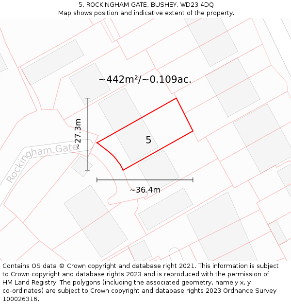 5, ROCKINGHAM GATE, BUSHEY, WD23 4DQ: Plot and title map