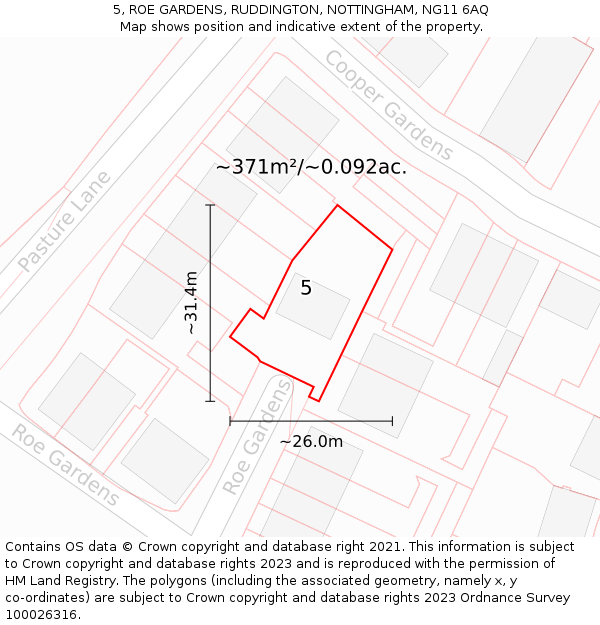 5, ROE GARDENS, RUDDINGTON, NOTTINGHAM, NG11 6AQ: Plot and title map