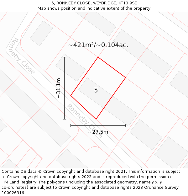 5, RONNEBY CLOSE, WEYBRIDGE, KT13 9SB: Plot and title map