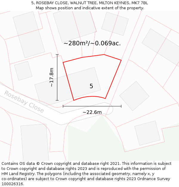 5, ROSEBAY CLOSE, WALNUT TREE, MILTON KEYNES, MK7 7BL: Plot and title map