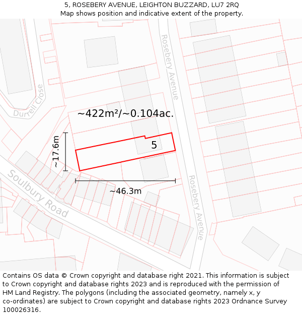 5, ROSEBERY AVENUE, LEIGHTON BUZZARD, LU7 2RQ: Plot and title map