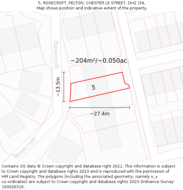 5, ROSECROFT, PELTON, CHESTER LE STREET, DH2 1NL: Plot and title map