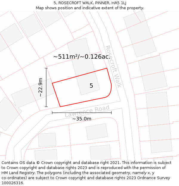 5, ROSECROFT WALK, PINNER, HA5 1LJ: Plot and title map