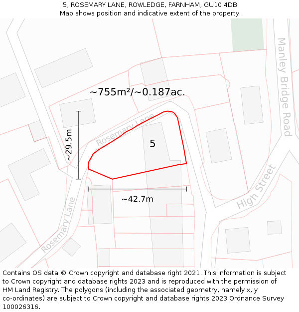 5, ROSEMARY LANE, ROWLEDGE, FARNHAM, GU10 4DB: Plot and title map