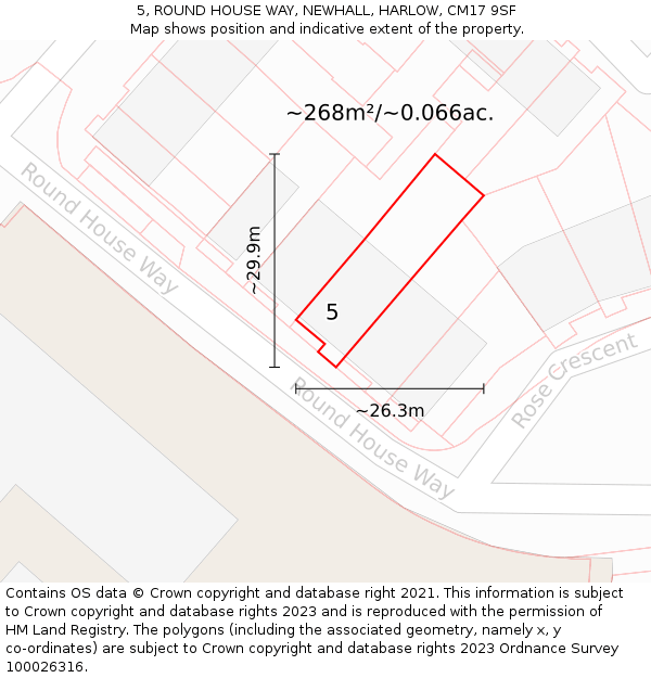 5, ROUND HOUSE WAY, NEWHALL, HARLOW, CM17 9SF: Plot and title map