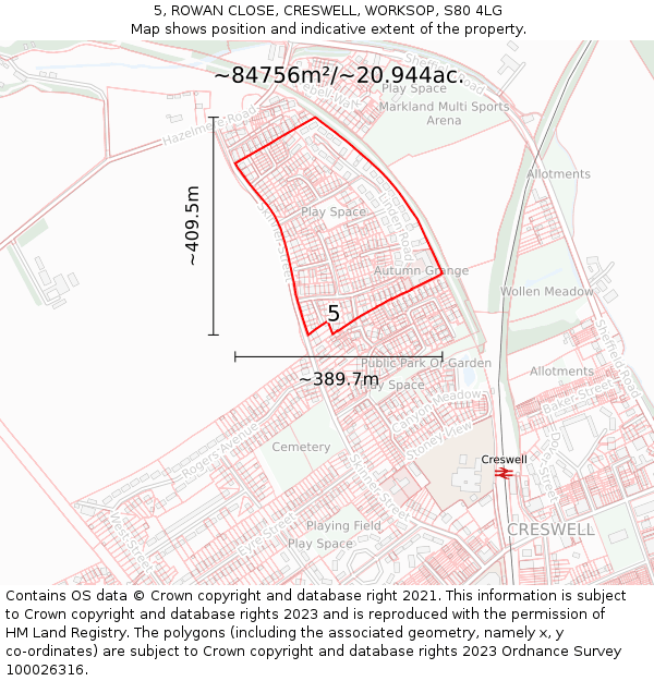 5, ROWAN CLOSE, CRESWELL, WORKSOP, S80 4LG: Plot and title map