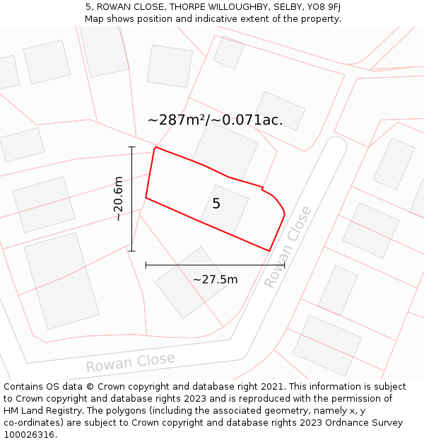 5, ROWAN CLOSE, THORPE WILLOUGHBY, SELBY, YO8 9FJ: Plot and title map