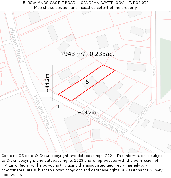 5, ROWLANDS CASTLE ROAD, HORNDEAN, WATERLOOVILLE, PO8 0DF: Plot and title map