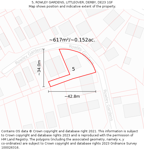 5, ROWLEY GARDENS, LITTLEOVER, DERBY, DE23 1GF: Plot and title map