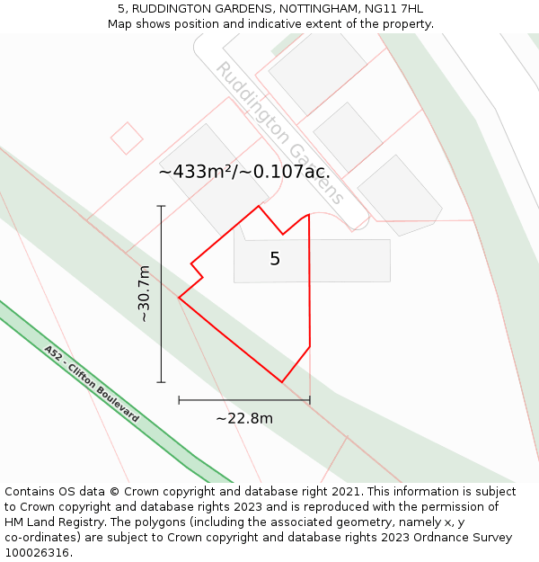 5, RUDDINGTON GARDENS, NOTTINGHAM, NG11 7HL: Plot and title map