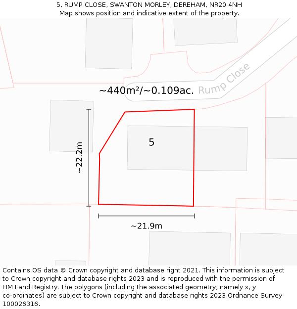 5, RUMP CLOSE, SWANTON MORLEY, DEREHAM, NR20 4NH: Plot and title map