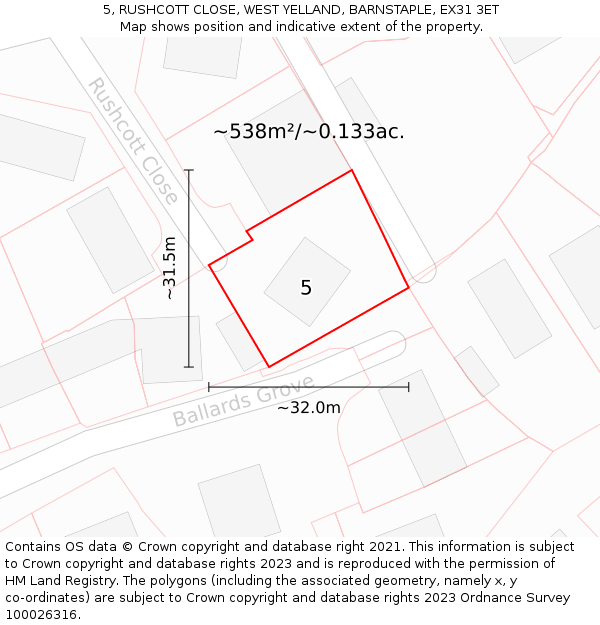 5, RUSHCOTT CLOSE, WEST YELLAND, BARNSTAPLE, EX31 3ET: Plot and title map