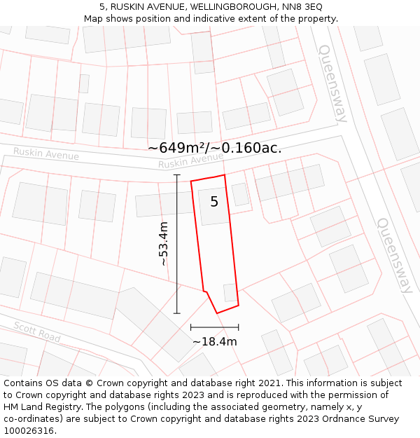 5, RUSKIN AVENUE, WELLINGBOROUGH, NN8 3EQ: Plot and title map