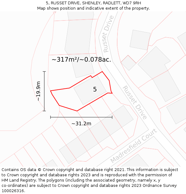 5, RUSSET DRIVE, SHENLEY, RADLETT, WD7 9RH: Plot and title map