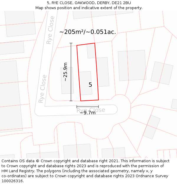 5, RYE CLOSE, OAKWOOD, DERBY, DE21 2BU: Plot and title map