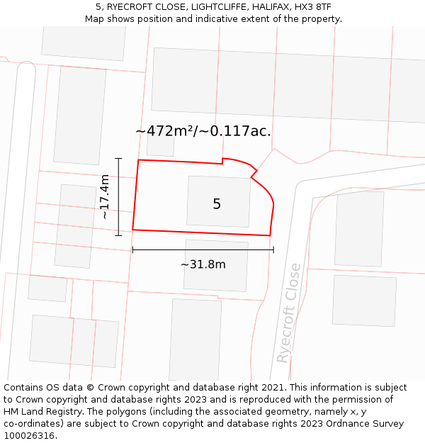 5, RYECROFT CLOSE, LIGHTCLIFFE, HALIFAX, HX3 8TF: Plot and title map