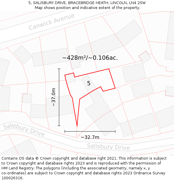 5, SALISBURY DRIVE, BRACEBRIDGE HEATH, LINCOLN, LN4 2SW: Plot and title map