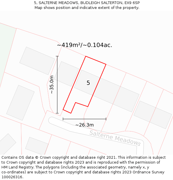 5, SALTERNE MEADOWS, BUDLEIGH SALTERTON, EX9 6SP: Plot and title map