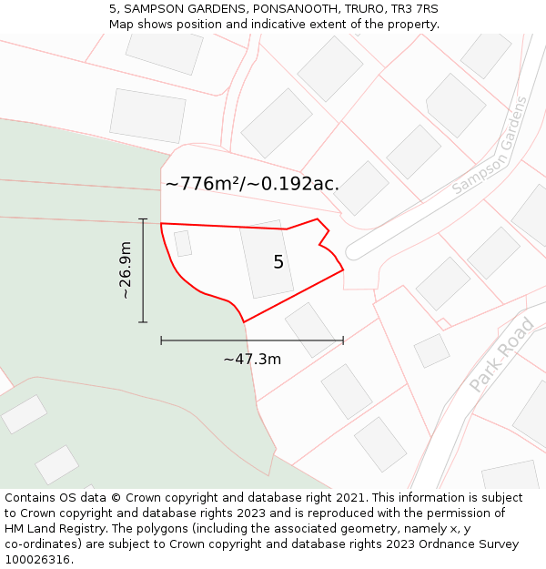 5, SAMPSON GARDENS, PONSANOOTH, TRURO, TR3 7RS: Plot and title map